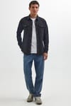 Slim Fit Uzun Kollu Spor Yaka Yıkamalı Çift Cepli Armürlü Denim Kot Siyah Erkek Gömlek