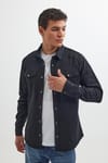 Slim Fit Uzun Kollu Spor Yaka Yıkamalı Çift Cepli Armürlü Denim Kot Siyah Erkek Gömlek