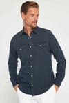 Erkek Slim Fit Uzun Kollu Spor Yaka Yıkamalı Çift Cepli Armürlü Denim Antrasit Gömlek