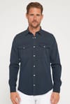 Erkek Slim Fit Uzun Kollu Spor Yaka Yıkamalı Çift Cepli Armürlü Denim Antrasit Gömlek