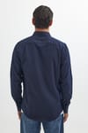 Erkek Slim Fit Uzun Kollu Spor Yaka Yıkamalı Çift Cepli Armürlü Denim Kot Lacivert Gömlek