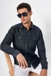 Slim Fit Spor Yaka Yıkamalı Çift Cepli Armürlü Denim Erkek Gömlek