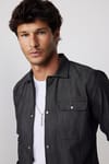 Slim Fit Tek Cep Çıtçıtlı Düz Denim Yıkamalı Erkek Gri Gömlek