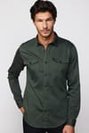 Slım Fit Düz Denim Cepli Gabardin Erkek Haki Gömlek