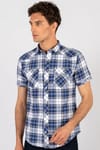 Slim Fit Kısa Kol Ekose Çift Cep Kapaklı Teksas Model Erkek Gömlek