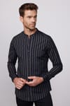 Slim Fit Hakim Yaka Pamuklu Kolay Ütü Çizgili Erkek Siyah Gömlek