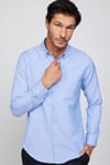 Slim Fit Düğmeli Yaka Pamuklu Kolay Ütü Düz Mavi Erkek Gömlek