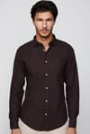 Slim Fit Uzun Kol Flam Pamuk Yaka İçi Biyeli Kahverengi Erkek Gömlek