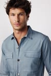 Slim Fit Uzun Kol Denim Parça Boyalı Çift Cep Kapaklı Metal Düğme Erkek Gri Gömlek