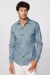 Slim Fit Uzun Kol Denim Parça Boyalı Çift Cep Kapaklı Metal Düğme Erkek Gri Gömlek