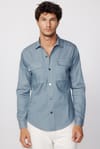 Slim Fit Uzun Kol Denim Parça Boyalı Çift Cep Kapaklı Metal Düğme Erkek Gri Gömlek