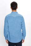 Slim Fit Uzun Kollu Çift Cep Kapaklı Parça Dikişli Denim Erkek Mavi Gömlek