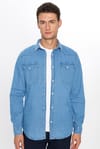 Slim Fit Uzun Kollu Çift Cep Kapaklı Parça Dikişli Denim Erkek Mavi Gömlek