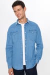 Slim Fit Uzun Kollu Çift Cep Kapaklı Parça Dikişli Denim Erkek Mavi Gömlek