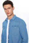 Slim Fit Uzun Kollu Çift Cep Kapaklı Parça Dikişli Denim Erkek Mavi Gömlek