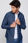 Slim Fit Uzun Kol Tek Cep Denim Lacivert Erkek Gömlek
