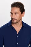 Slim Fit Uzun Kollu Dar Kesim Dökümlü Viskon Şık Lacivert Erkek Gömlek