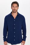 Slim Fit Uzun Kollu Dar Kesim Dökümlü Viskon Şık Lacivert Erkek Gömlek
