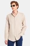Erkek Slim Fit Dar Kesim %100 Pamuk Keten Doku Düğmeli Yaka Taş Renk Gömlek