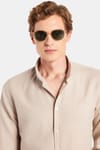 Erkek Slim Fit Dar Kesim %100 Pamuk Keten Doku Düğmeli Yaka Taş Renk Gömlek