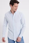 Erkek Slim Fit Dar Kesim %100 Pamuk Keten Doku Düğmeli Yaka Mavi Gömlek