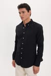 Erkek Slim Fit Dar Kesim %100 Pamuk Keten Doku Düğmeli Yaka Siyah Gömlek