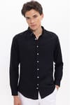 Erkek Slim Fit Dar Kesim %100 Pamuk Keten Doku Düğmeli Yaka Siyah Gömlek