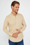 Slim Fit Uzun Kollu Biyeli Yaka Düğmeli Keten Bej Erkek Gömlek
