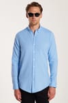 Erkek Slim Fit Dar Kesim %100 Pamuk Keten Doku Düğmeli Yaka Mavi Gömlek