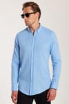 Erkek Slim Fit Dar Kesim %100 Pamuk Keten Doku Düğmeli Yaka Mavi Gömlek
