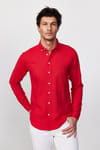 Slim Fit Uzun Kol Biyeli Yaka Düğmeli Keten Kırmızı Erkek Gömlek