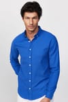 Slim Fit Uzun Kol Biyeli Yaka Düğmeli Keten Saks Mavi Erkek Gömlek