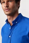 Slim Fit Uzun Kol Biyeli Yaka Düğmeli Keten Saks Mavi Erkek Gömlek