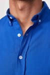 Slim Fit Uzun Kol Biyeli Yaka Düğmeli Keten Saks Mavi Erkek Gömlek