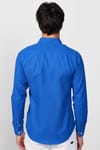 Slim Fit Uzun Kol Biyeli Yaka Düğmeli Keten Saks Mavi Erkek Gömlek