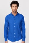 Slim Fit Uzun Kol Biyeli Yaka Düğmeli Keten Saks Mavi Erkek Gömlek