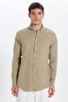 Erkek Slim Fit Dar Kesim %100 Pamuk Keten Doku Düğmeli Yaka Vizon Gömlek