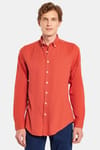 Erkek Slim Fit Dar Kesim %100 Pamuk Keten Doku Düğmeli Yaka Kiremit Gömlek