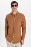 Slim Fit Düğmeli Yaka Biyeli Düz Yazlık Keten Efekt  Erkek Gömlek