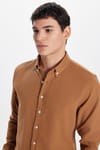 Slim Fit Düğmeli Yaka Biyeli Düz Yazlık Keten Efekt  Erkek Gömlek