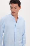 Erkek Slim Fit Dar Kesim Uzun Kollu %100 Pamuk Keten Doku Hakim Yaka Mavi Gömlek