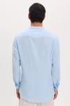 Erkek Slim Fit Dar Kesim Uzun Kollu %100 Pamuk Keten Doku Hakim Yaka Mavi Gömlek