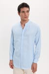 Erkek Slim Fit Dar Kesim Uzun Kollu %100 Pamuk Keten Doku Hakim Yaka Mavi Gömlek