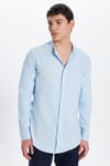 Erkek Slim Fit Dar Kesim Uzun Kollu %100 Pamuk Keten Doku Hakim Yaka Mavi Gömlek