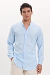 Erkek Slim Fit Dar Kesim Uzun Kollu %100 Pamuk Keten Doku Hakim Yaka Mavi Gömlek