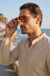 Erkek Slim Fit Dar Kesim Uzun Kollu %100 Pamuk Keten Doku Hakim Yaka Bej Gömlek