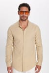 Erkek Slim Fit Dar Kesim Uzun Kollu %100 Pamuk Keten Doku Hakim Yaka Bej Gömlek