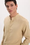 Erkek Slim Fit Dar Kesim Uzun Kollu %100 Pamuk Keten Doku Hakim Yaka Bej Gömlek