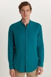 Erkek Slim Fit Dar Kesim Uzun Kollu %100 Pamuk Keten Doku Hakim Yaka Yeşil Gömlek