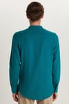 Erkek Slim Fit Dar Kesim Uzun Kollu %100 Pamuk Keten Doku Hakim Yaka Yeşil Gömlek